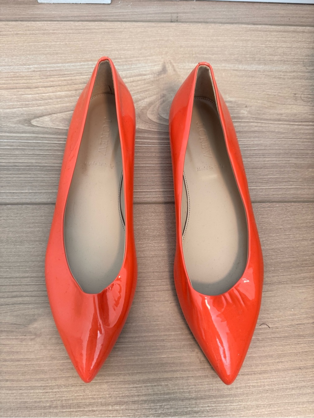 J. Crew Pointed Patent Ballet Flats in Bright Peach